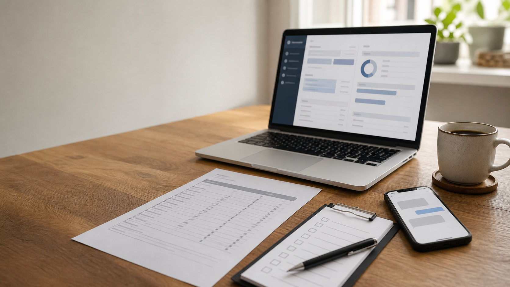 A laptop, estimate sheet, checklist, and phone on a small-business desk.